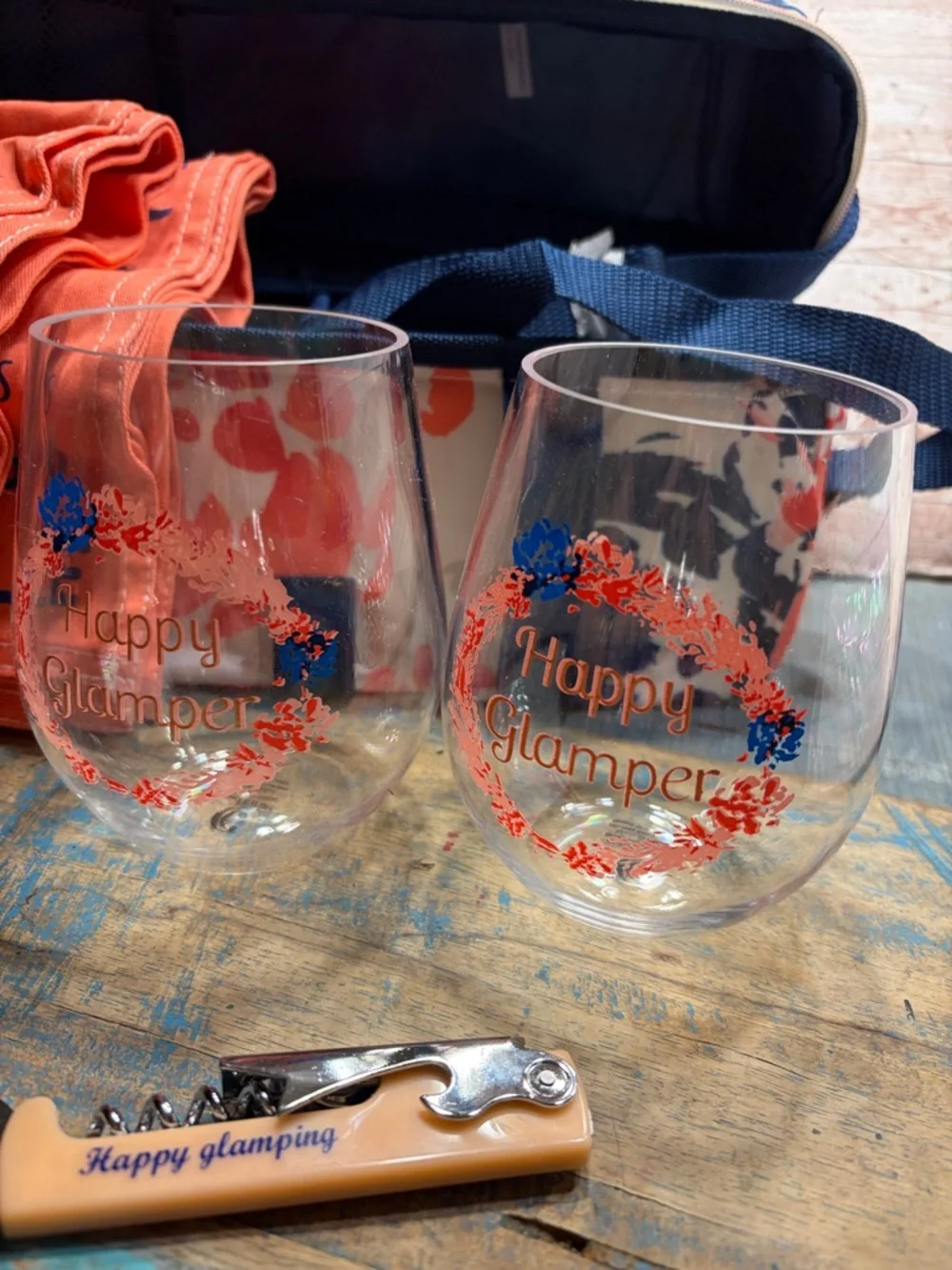 Happy Glamper Picnic Set with Floral Cooler, Glasses & Orange Napkins